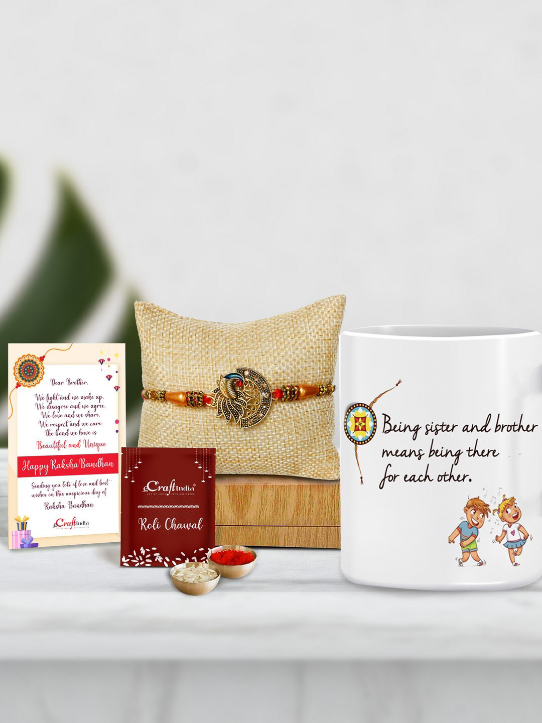 eCraftIndia Gold-Toned & White Studded Bhaiya Bhabhi Peacock Rakhi Gift Set