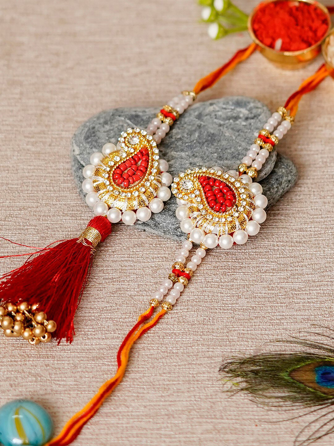 eCraftIndia Handcrafted Premium Bhaiya Bhabhi Rakhi With Roli, Greeting Card & Chawal