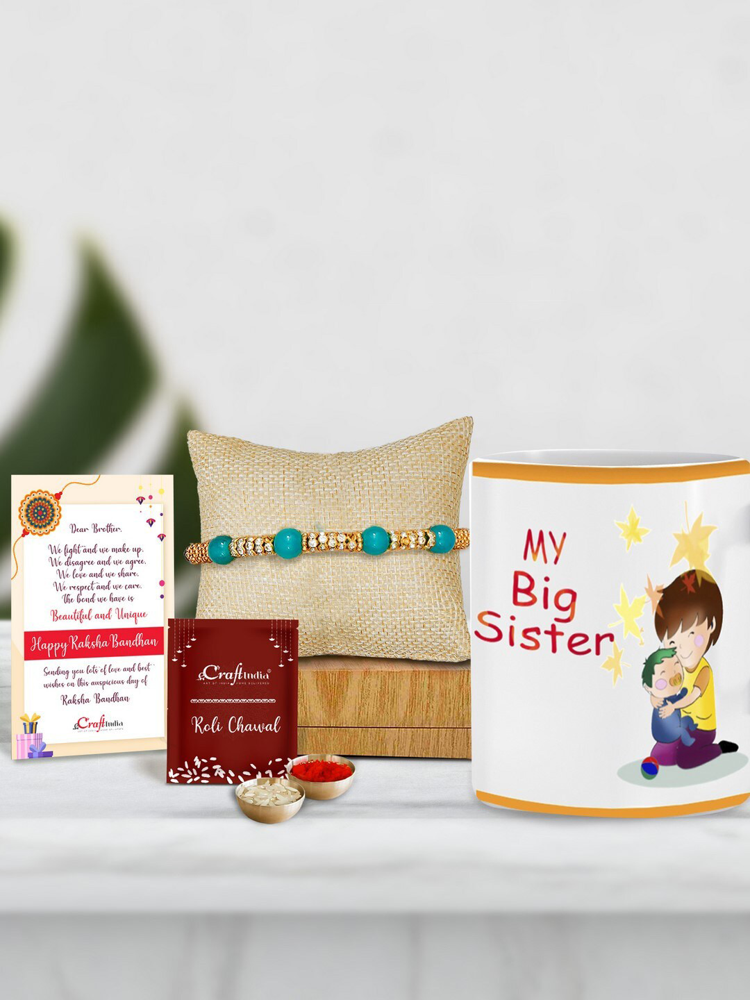 eCraftIndia Turquoise Blue & White Beaded & Studded Mug Rakhi Gift Set