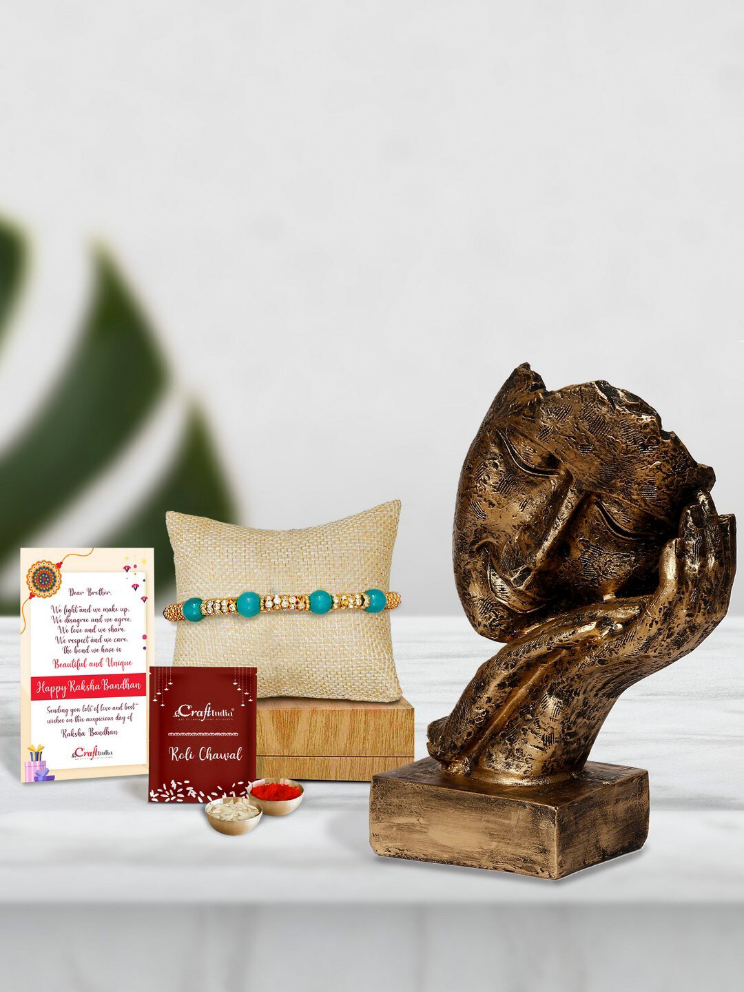 eCraftIndia Gold-Toned & Green Handcrafted Rakhi Gift Set