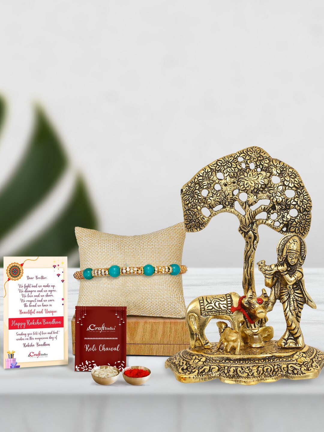 eCraftIndia Turquoise Blue & Gold-Toned Pearl-Beaded Lord Krishna Rakhi Gift Set