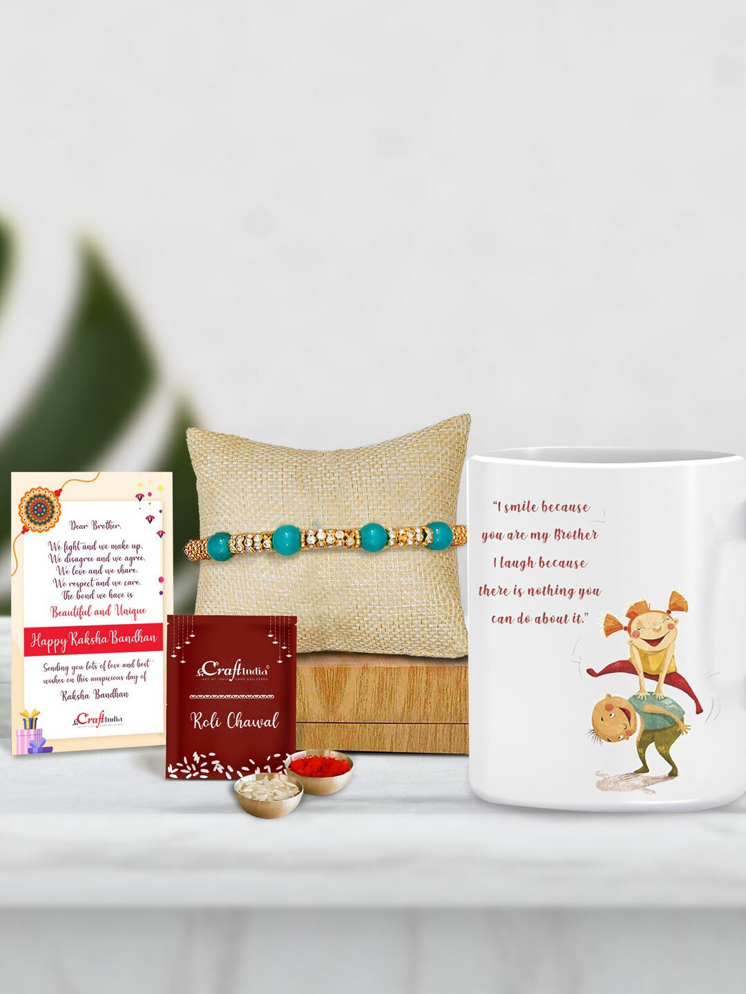 eCraftIndia Turquoise Blue & White Mug Pearl Beaded Rakhi Gift Set