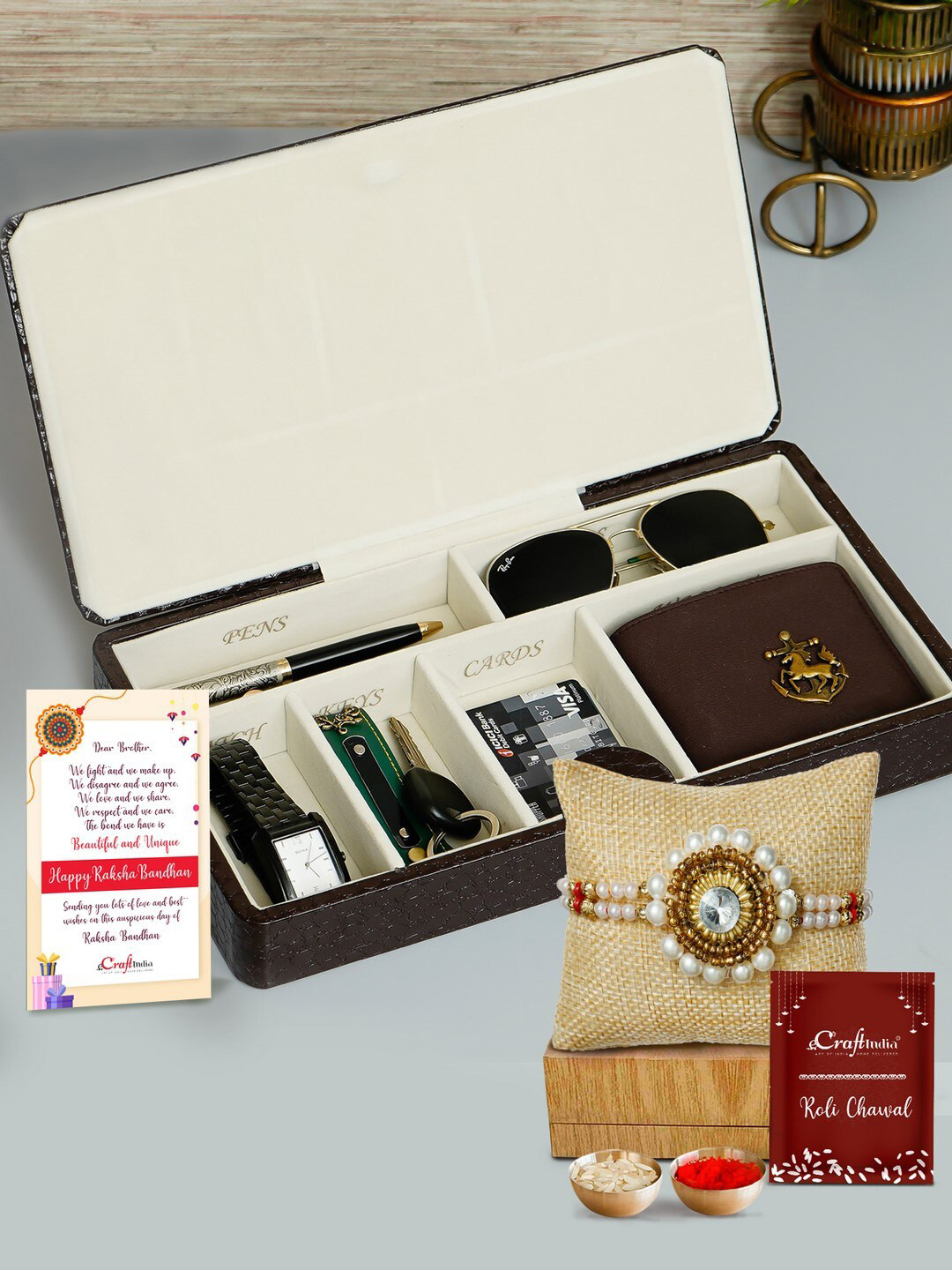 eCraftIndia Multicoloured Rakhi with Premium Rexine Multiutility Organizer Box Gift Set