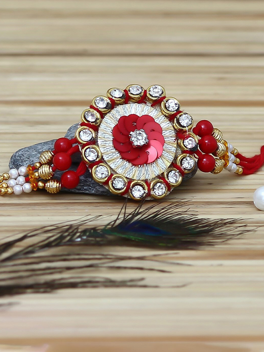 eCraftIndia Gold-Toned & Red Designer Rakhi