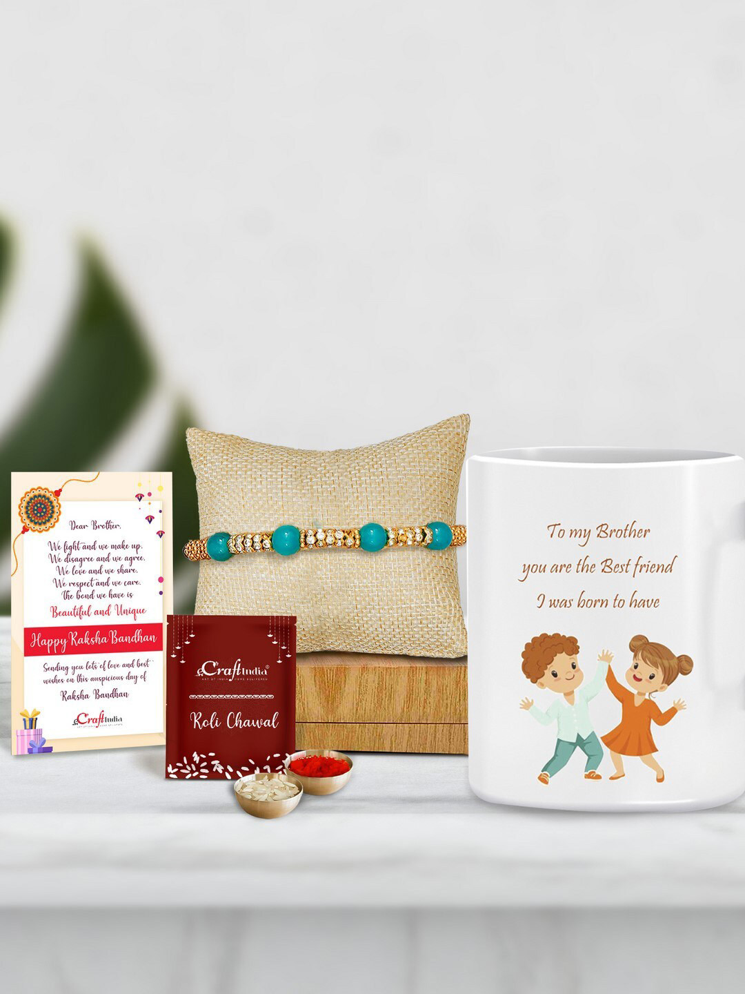 eCraftIndia Turquoise Blue & White Mug Pearl Beaded Rakhi Gift Set