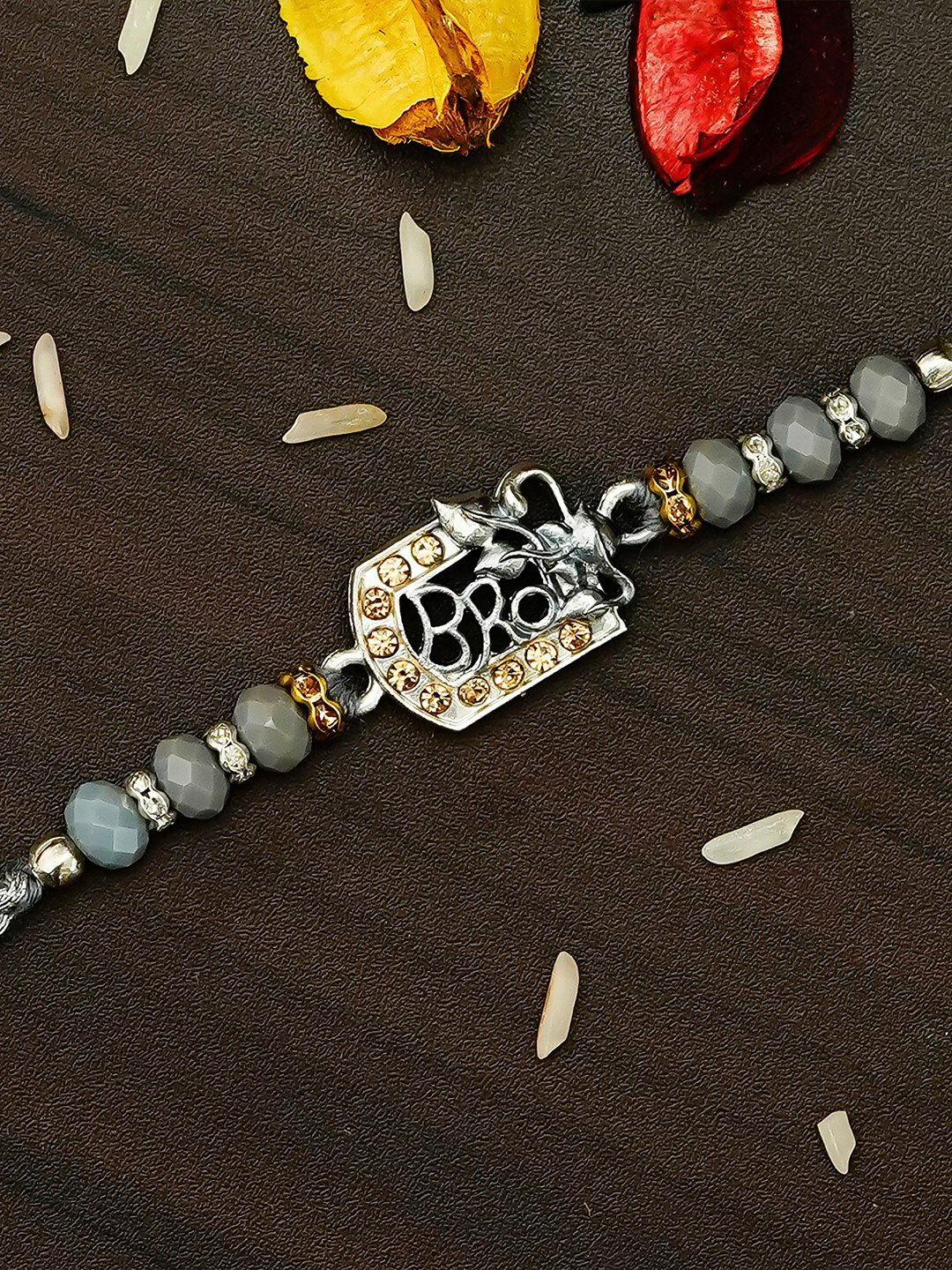 eCraftIndia Silver-Toned & Gold-Toned Pastel Color Designer Bro Rakhi & Roli Chawal Set