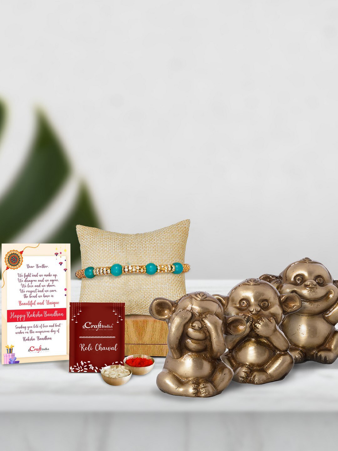 eCraftIndia Multicoloured 3 Musketeers Monkey Brass Rakhi Gift Set