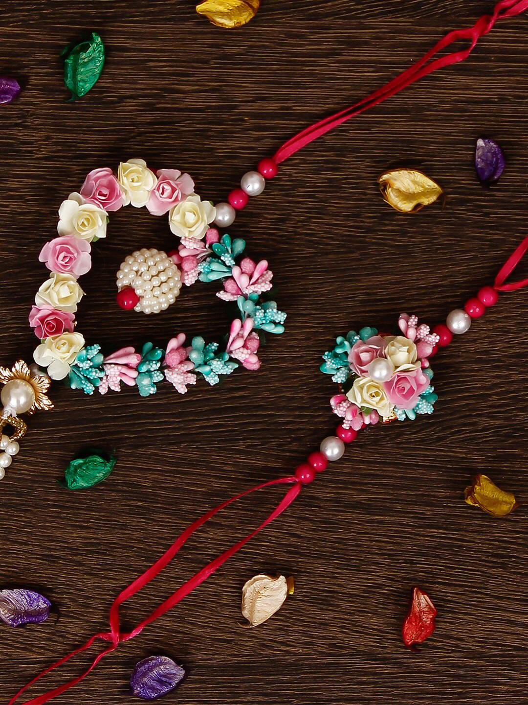 eCraftIndia Multicoloured Floral & Heart Bhaiya Bhabhi Rakhi Set