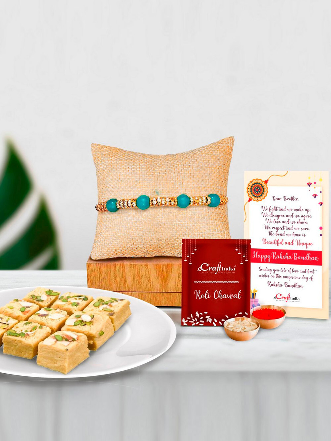 eCraftIndia Turquoise Blue & Gold-Toned Pearl Beaded Rakhi Gift Set