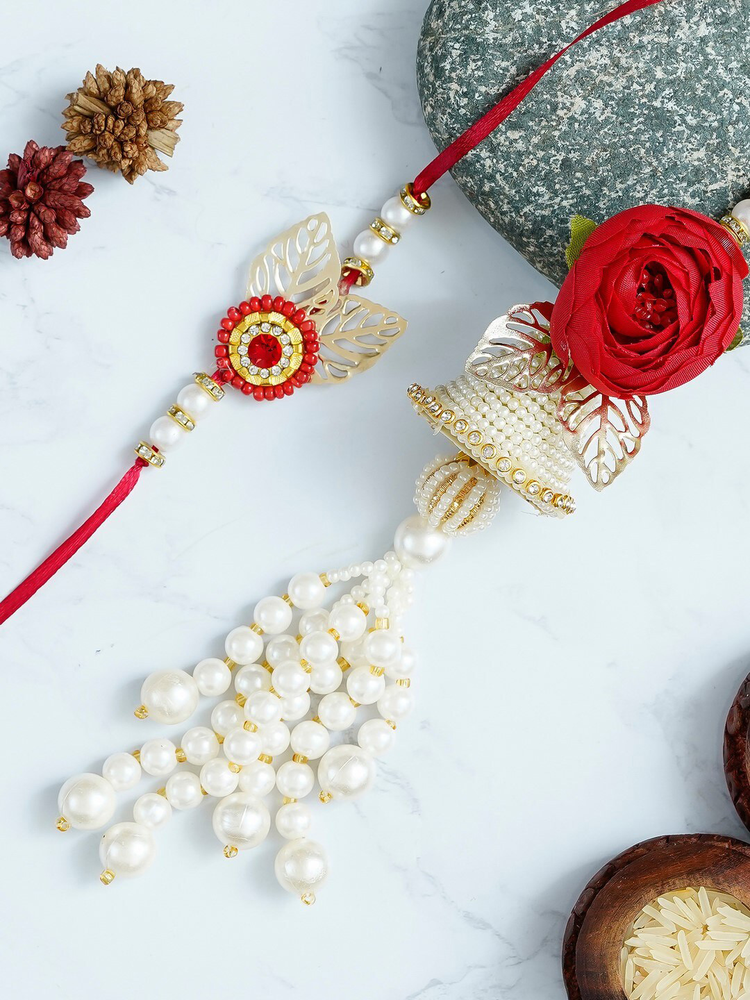 eCraftIndia Red & White Handcrafted Bhaiya Bhabhi Rakhi Gift Set