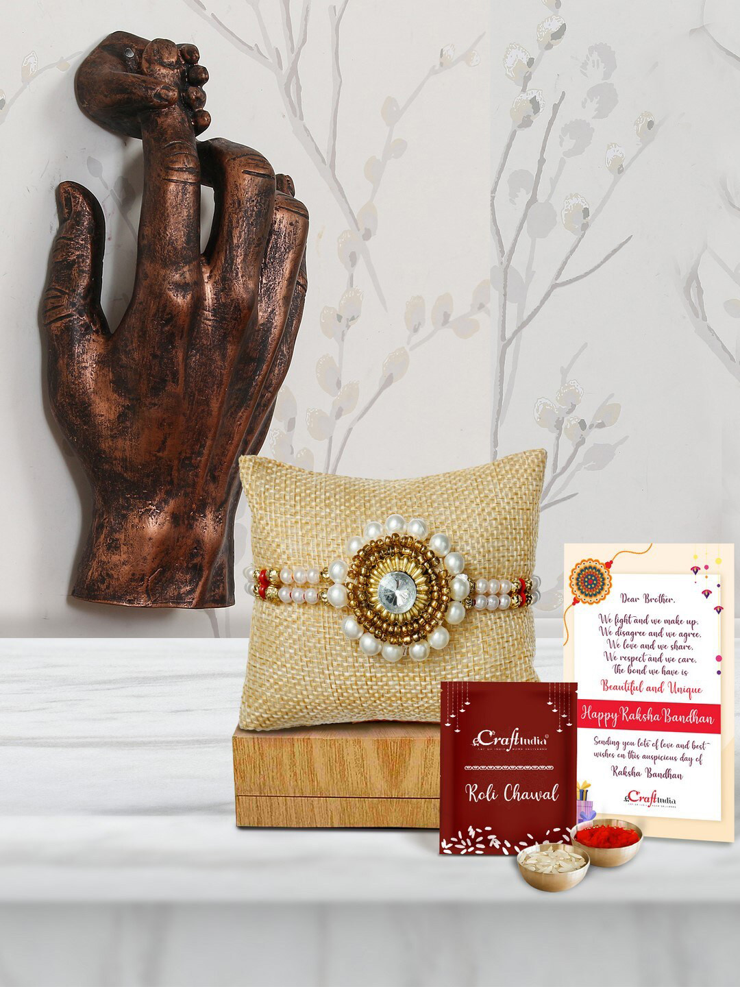eCraftIndia Gold-Toned & White Wall Hanging Figurine Pearl Beaded Rakhi Gift Set
