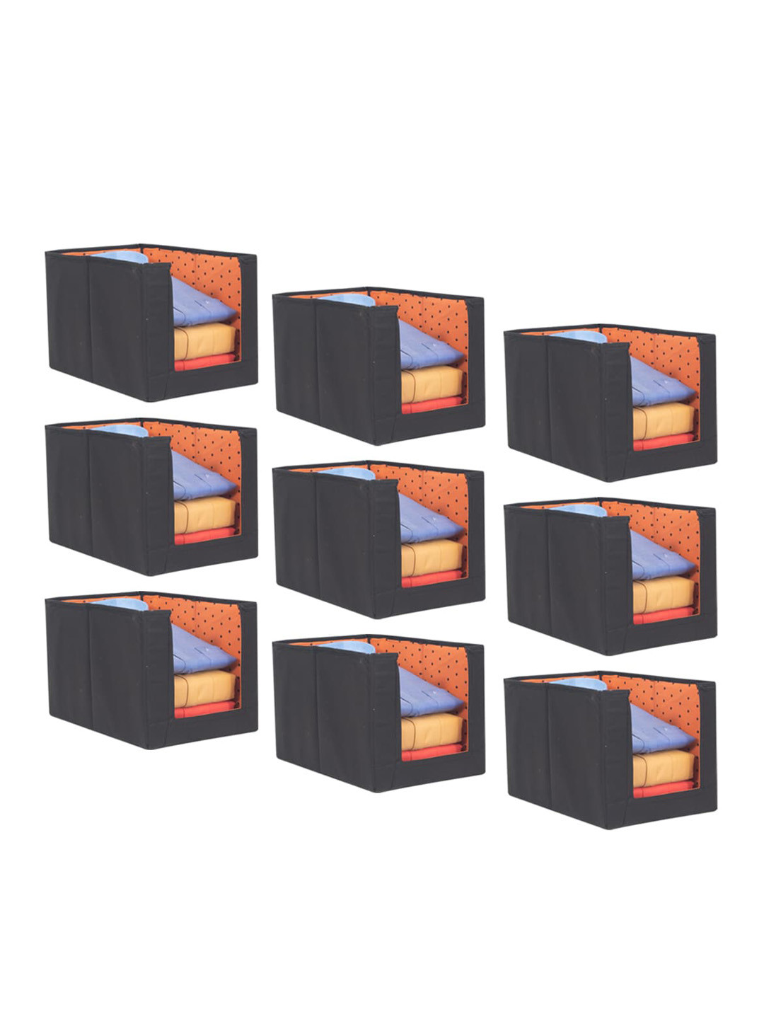 prettykrafts Set Of 9 Orange & Black Printed Foldable Rectangle Shirt Stacker Organisers