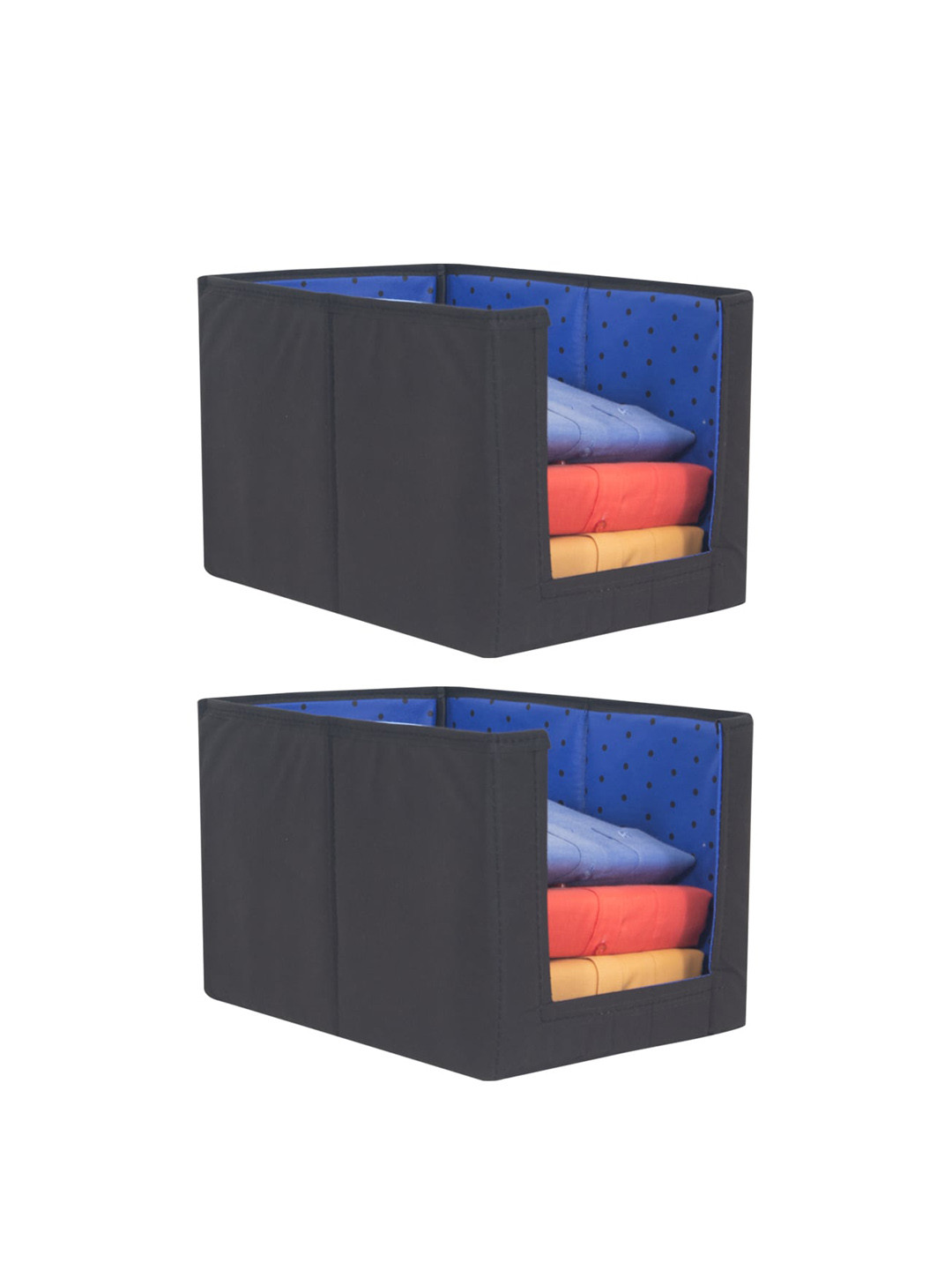 prettykrafts Set Of 2 Blue & Black Printed Foldable Rectangle Shirt Stacker Organisers With Handles