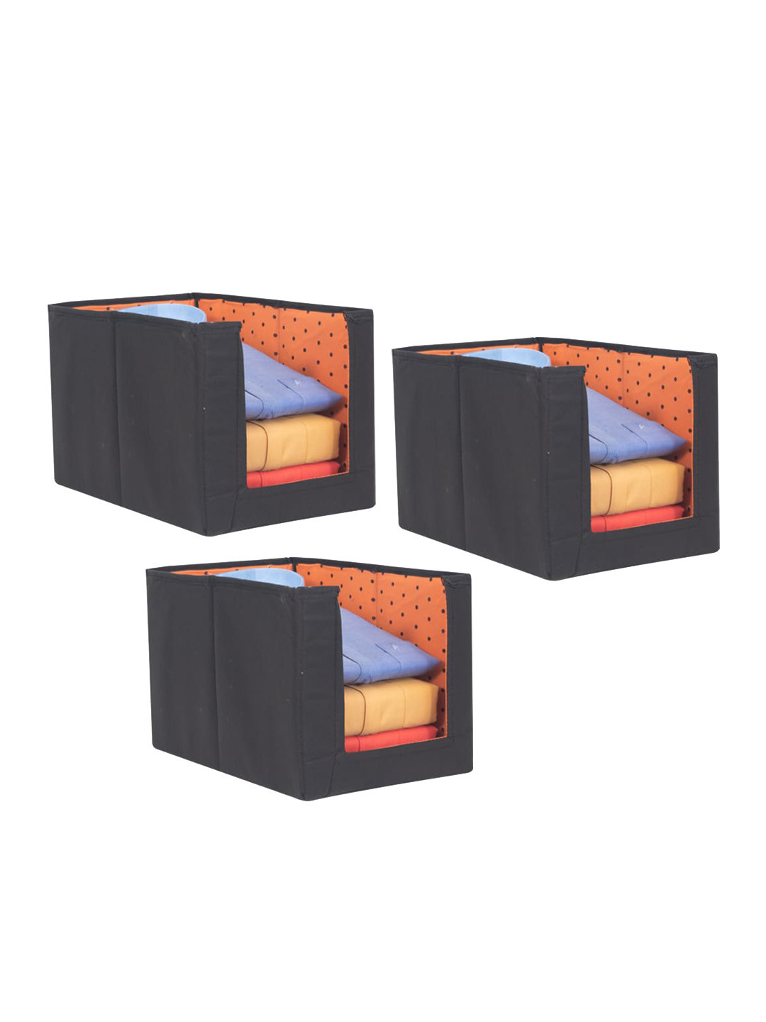 prettykrafts Set Of 3 Orange & Black Printed Shirt Stacker Organizer With Handles