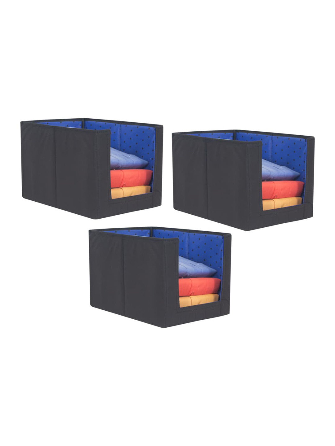 prettykrafts Set Of 3 Blue & Black Printed Foldable Shirt Stacker Organizers