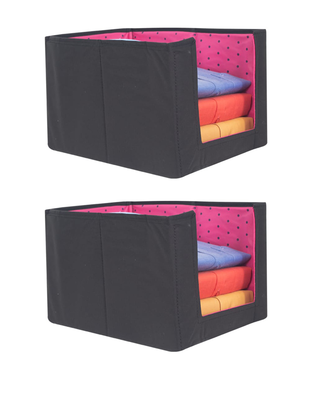 prettykrafts Set Of 2 Black & Pink Printed Foldable Rectangle Shirt Stacker Wardrobe Organizers