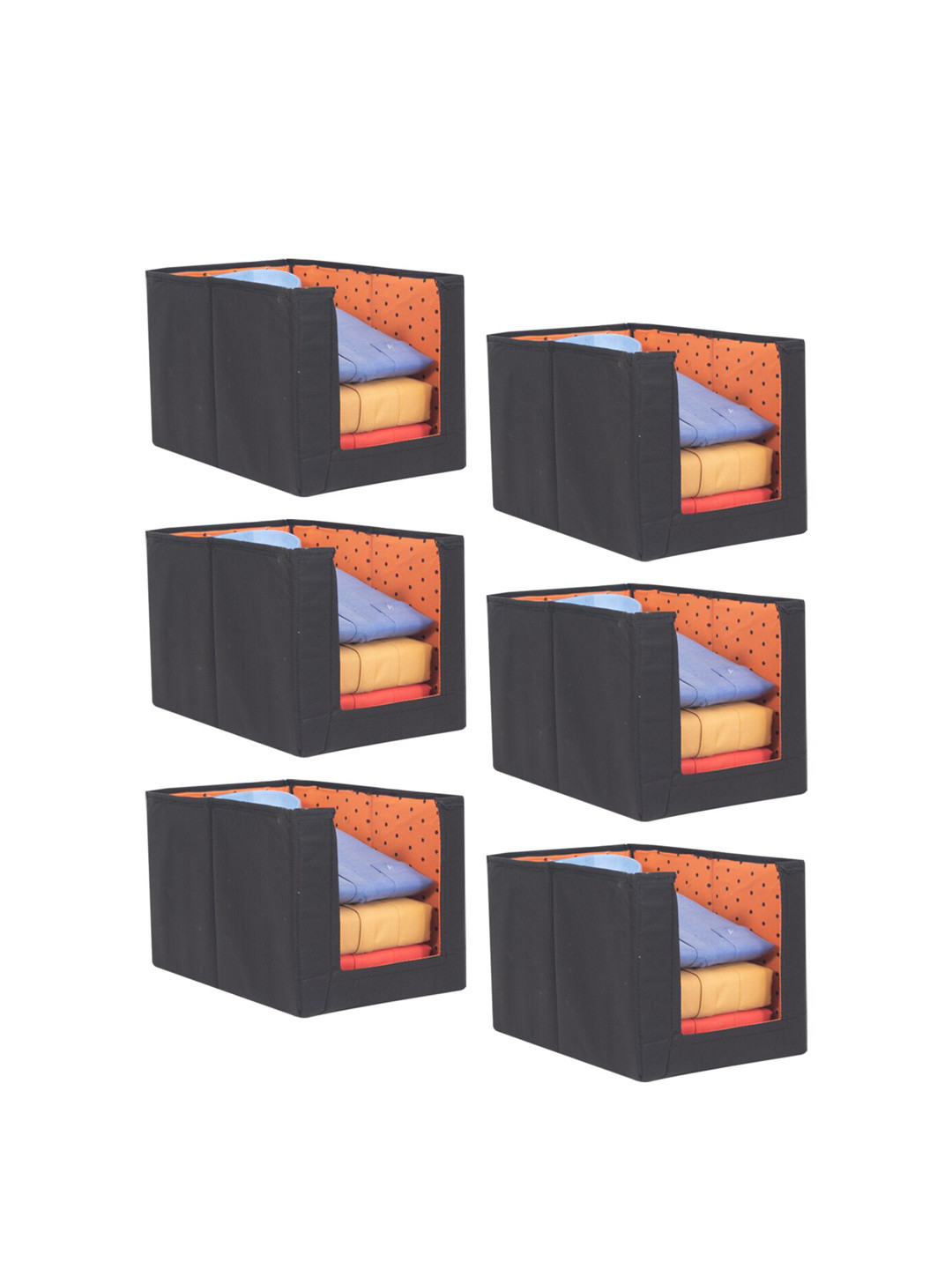 prettykrafts Set Of 6 Black & Orange Printed Foldable Shirt Stacker Wardrobe Organizers