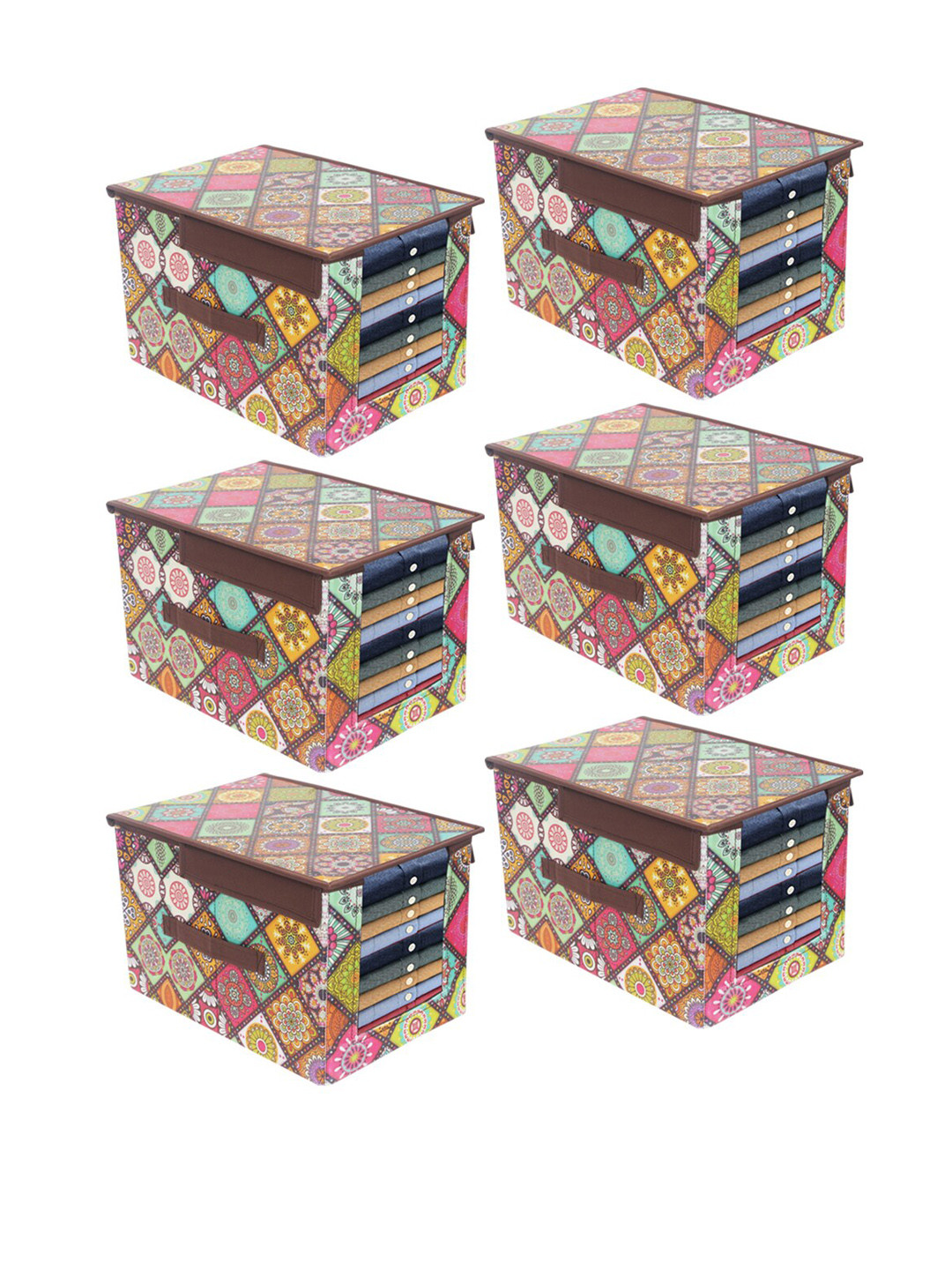 prettykrafts Set Of 6 Brown & Green Printed Foldable Shirt Stacker Wardrobe Organizers