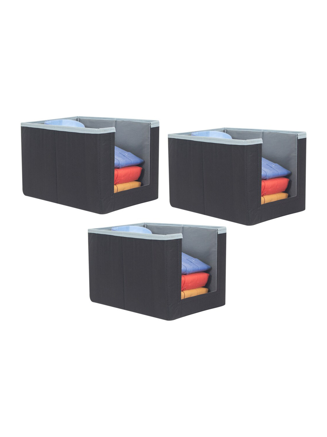 prettykrafts Set Of 3 Grey & Black Solid Shirt Stacker Organizers