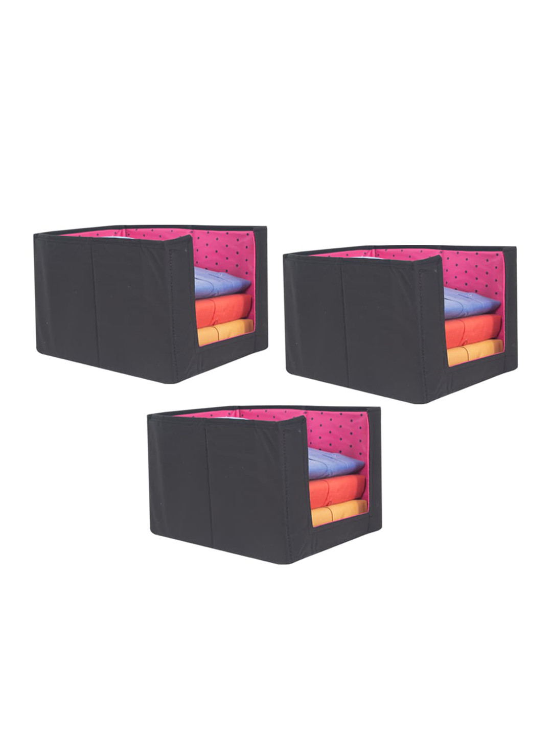 prettykrafts Set Of 3 Black & Pink Printed Foldable Shirt Stacker Wardrobe Organizers