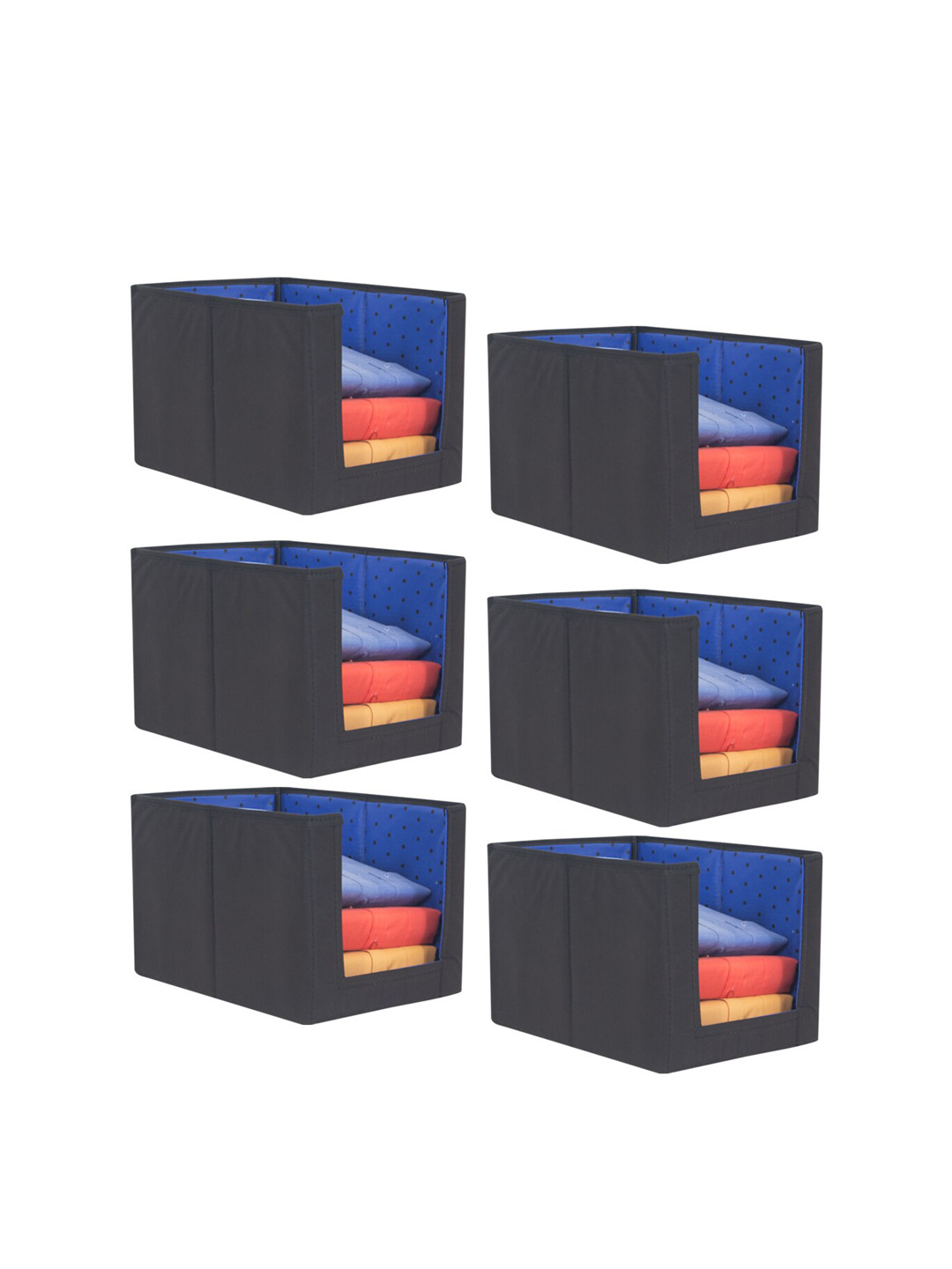 prettykrafts Set Of 6 Blue & Black Printed Foldable Shirt Stacker Organizers