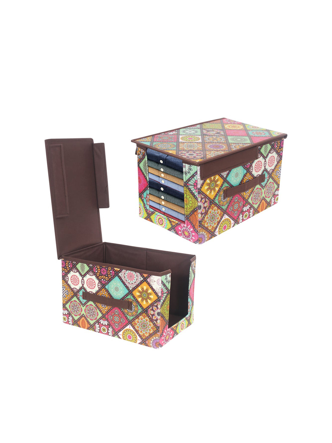 prettykrafts Brown & Green Printed Foldable Shirt Stacker Wardrobe Organizer
