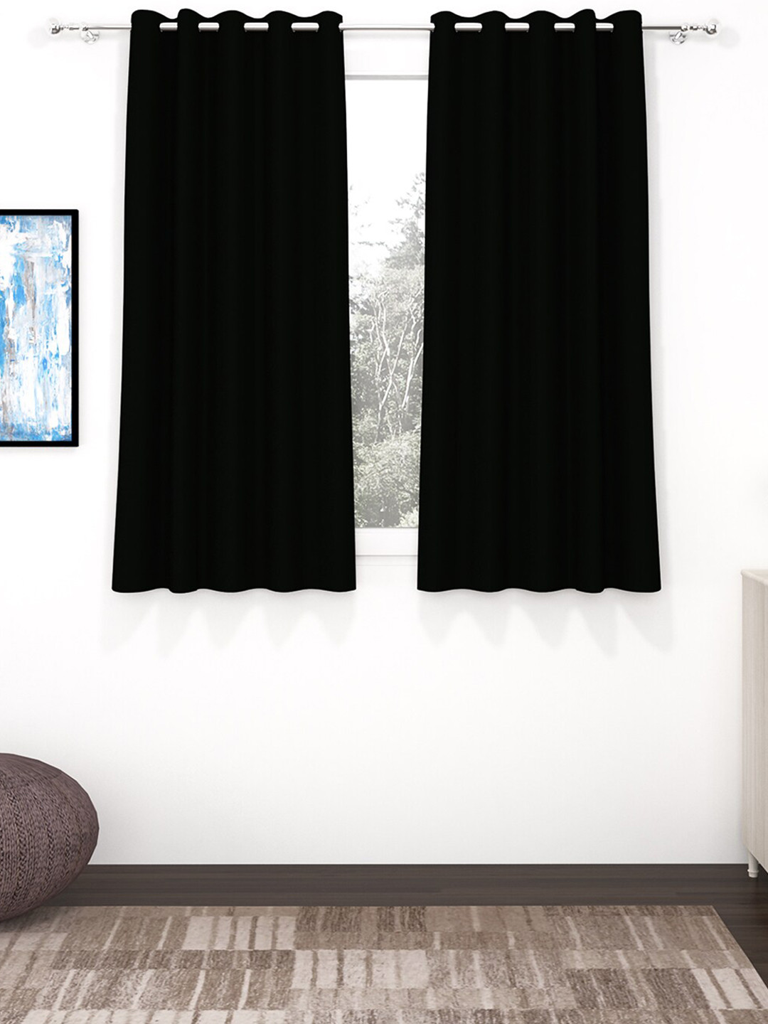 Story@Home Faux Silk Solid Solid 300GSM Black Room Darkening Blackout Window Curtain - Set of 2