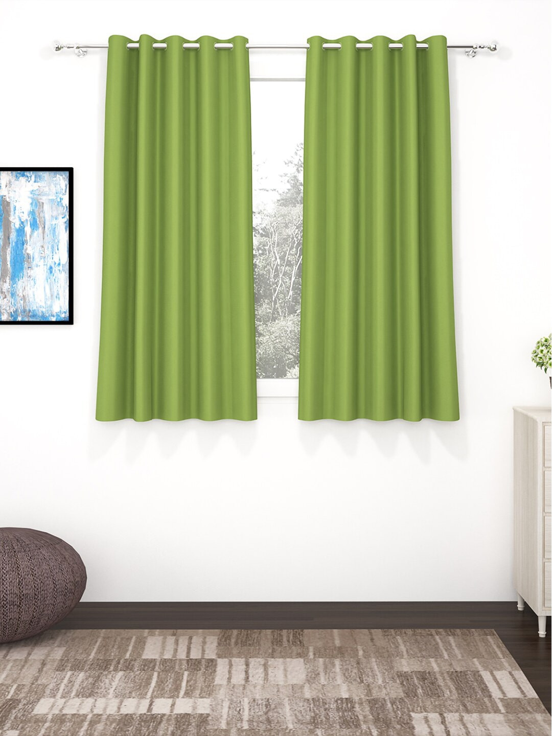 Story@Home Faux Silk Solid Solid 300GSM Green Room Darkening Blackout Window Curtain - Set of 2