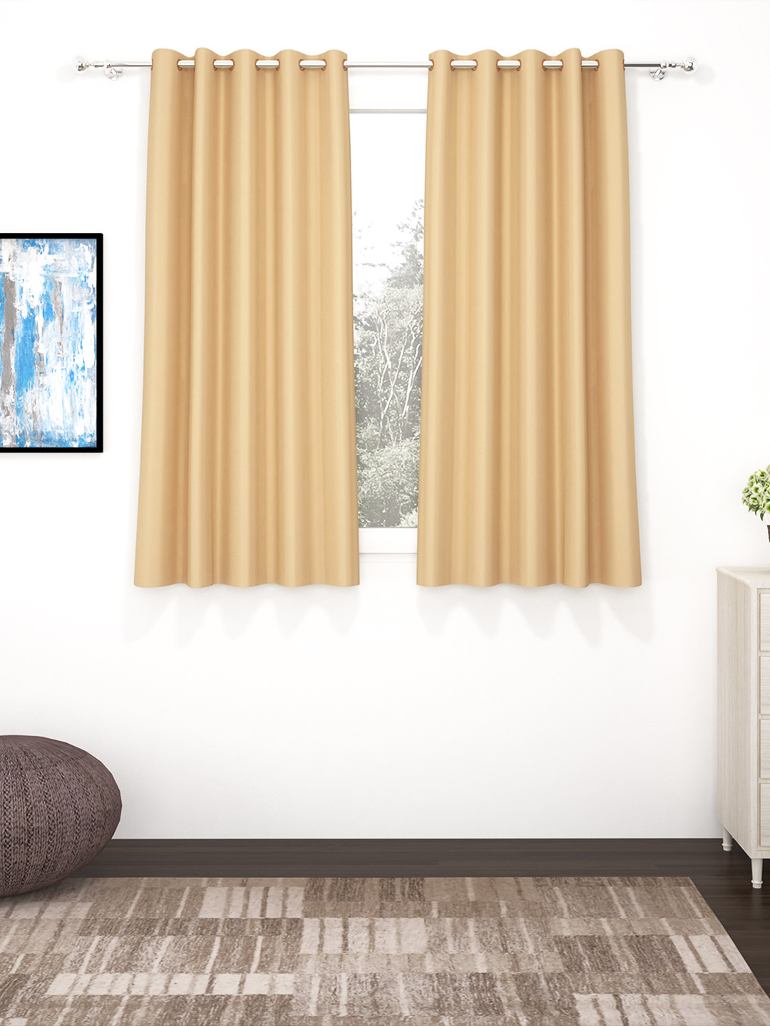 Story@Home Faux Silk Solid Solid 300GSM Cream Room Darkening Blackout Window Curtain - Set of 2