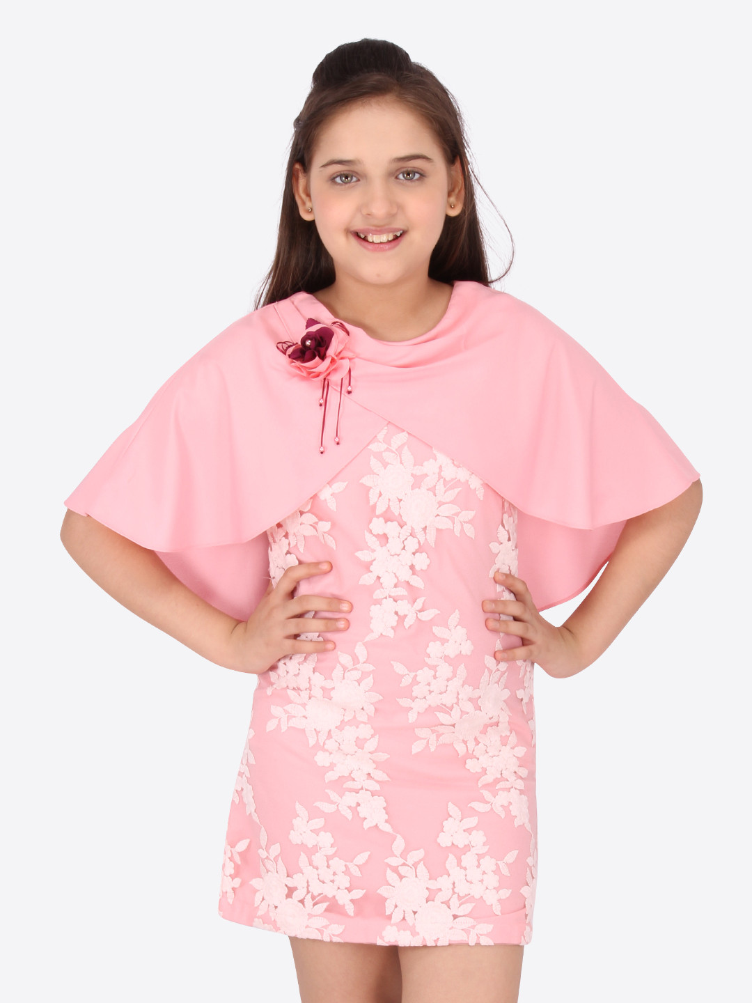 CUTECUMBER Girls Pink Floral Georgette Embellished Sheath Dress