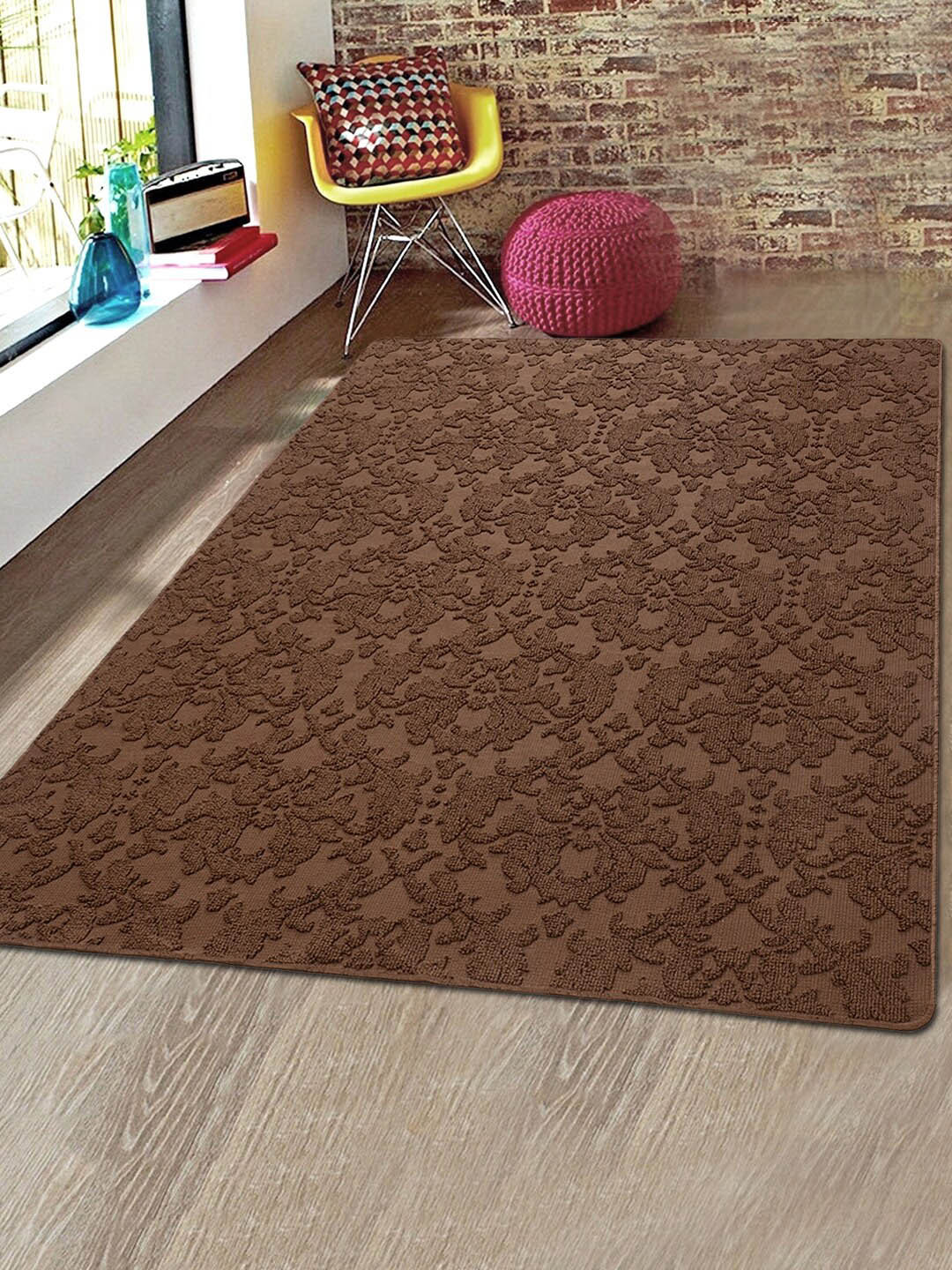 Saral Home Brown Floral Sirie Microfibre Anti-Skid Carpet