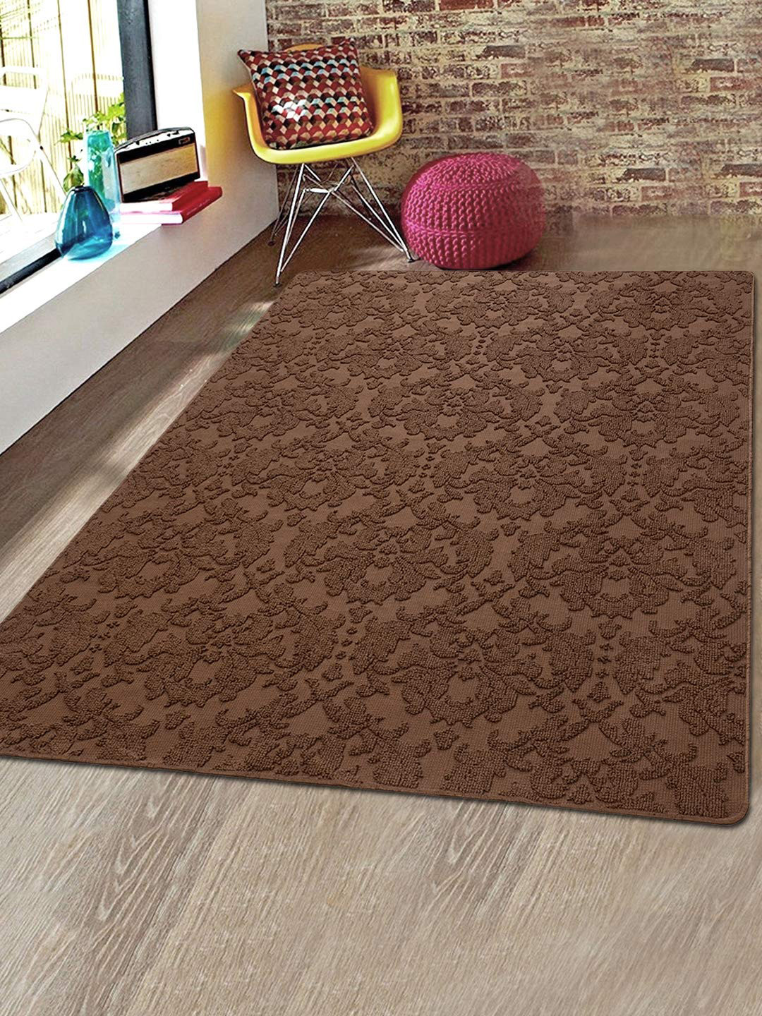 Saral Home Brown Ethnic Motifs Sirie Microfiber Traditional Anti-Skid Carpet