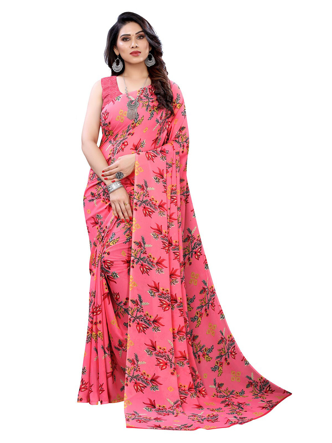 KALINI Women Pink & Grey Pure Georgette Floral Print Saree