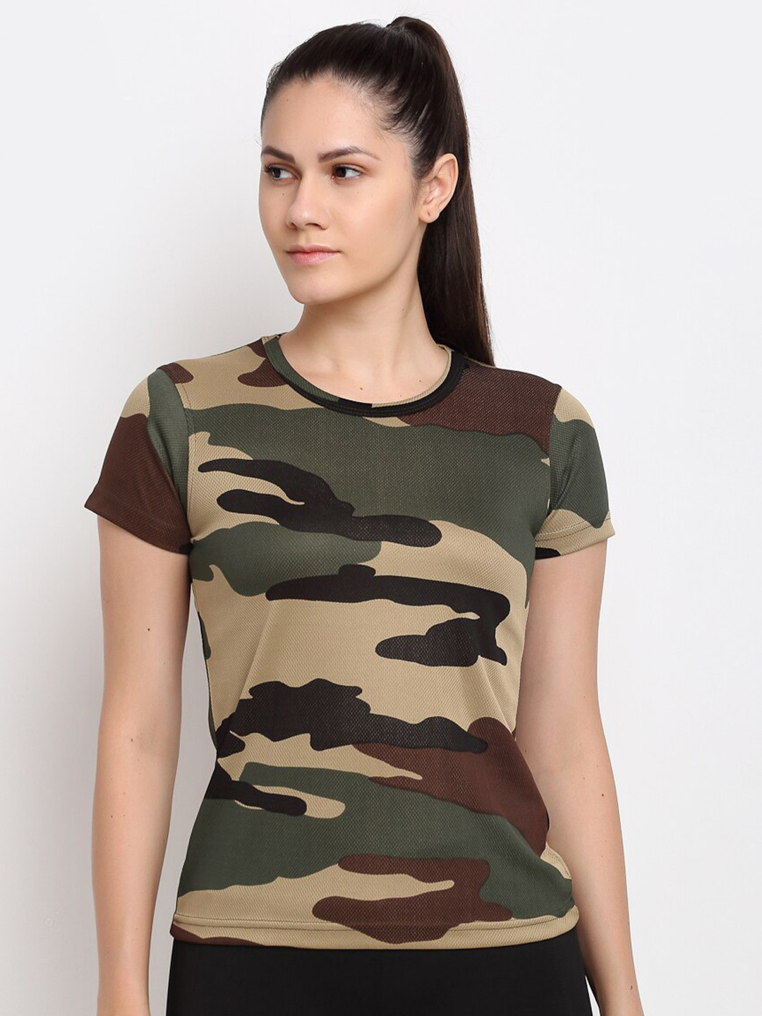 ARMISTO Women Khaki Camouflage Slim Fit Dri-Fit Sports T-shirt