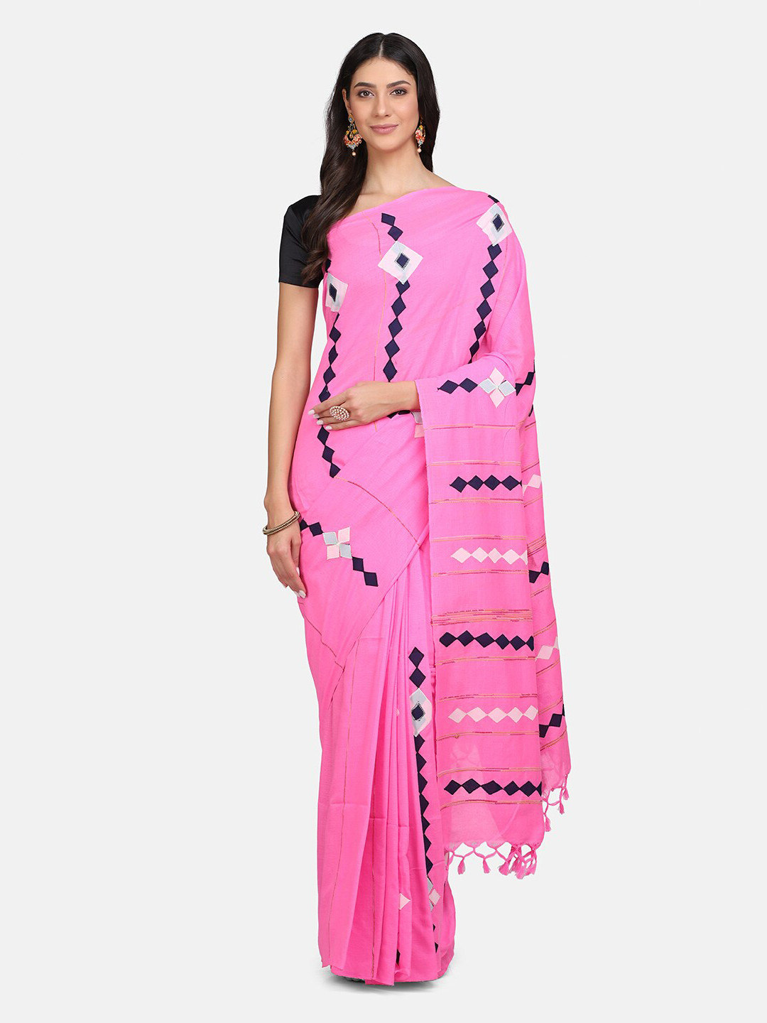 Mirraw Pink & Navy Blue Geometric Striped Pure Linen Saree