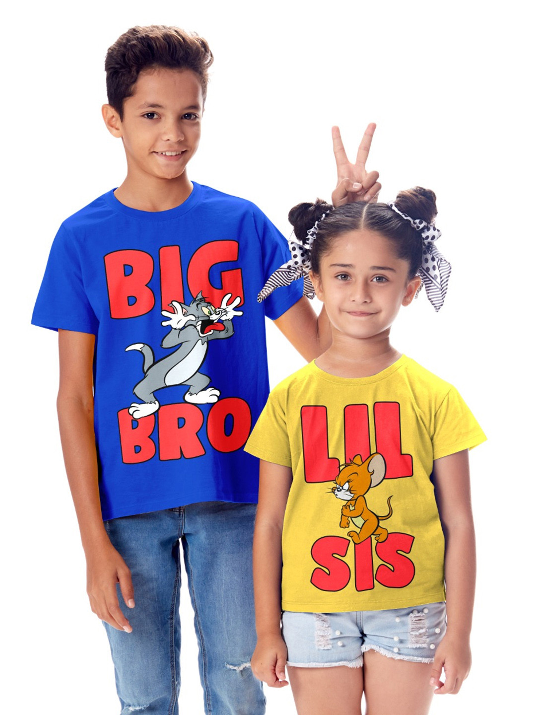 BonOrganik Girls Yellow  Red Tom And Jerry Rakhi Theme Printed Pure Cotton T-shirt