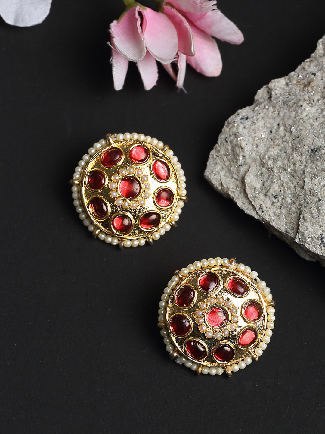 Ruby Raang Gold-Toned & Red Contemporary Studs Earrings