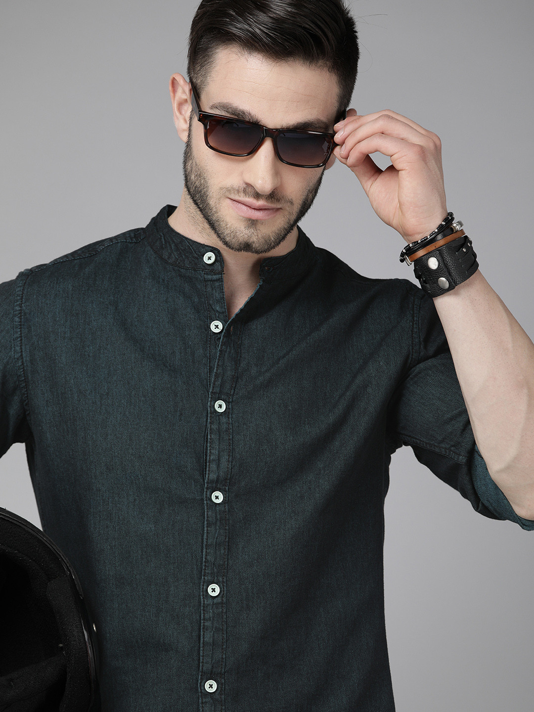 Roadster Men Teal Green Solid Pure Cotton Casual Denim Shirt