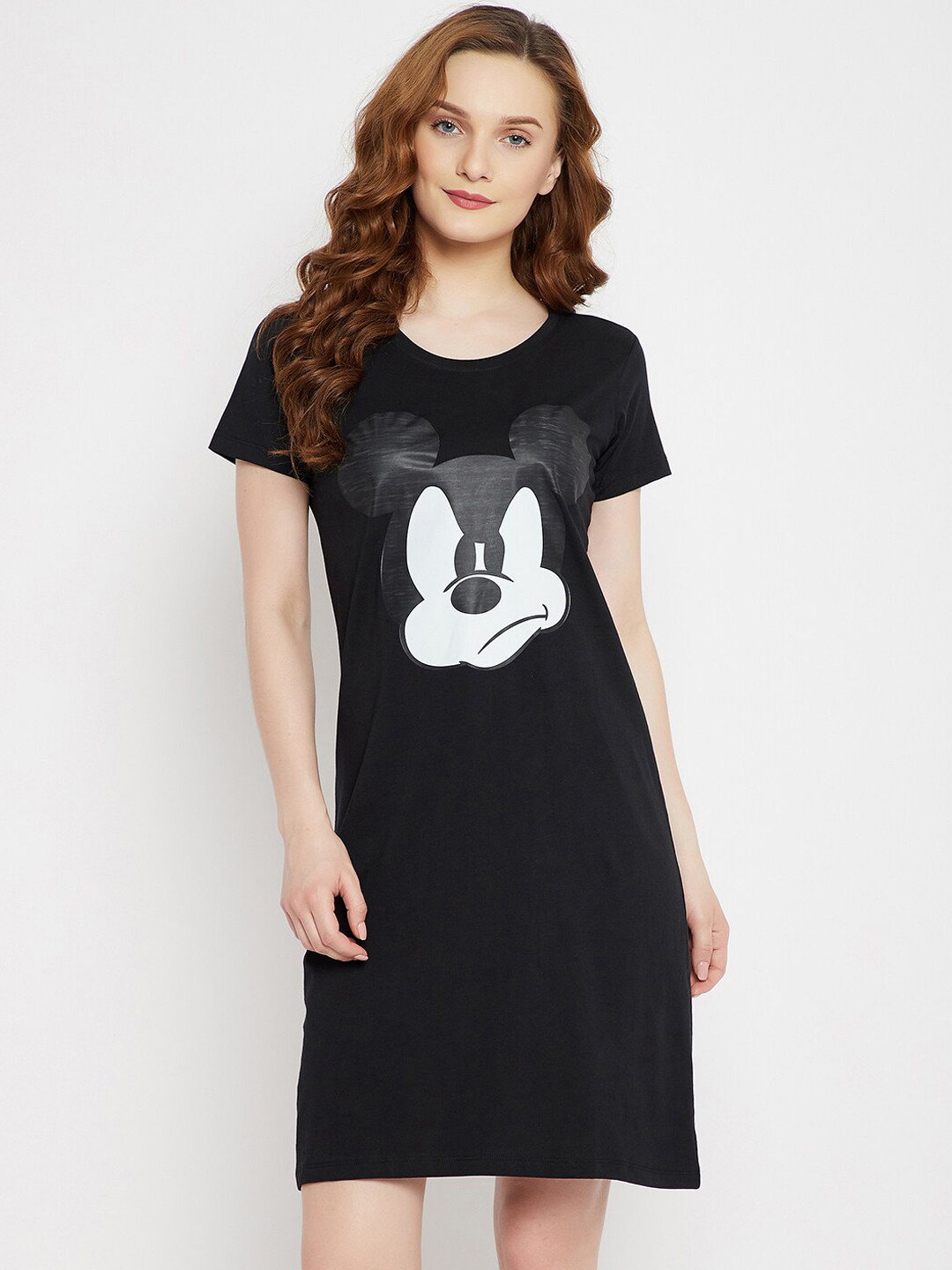 Disney by Wear Your Mind Women Black & White Mickey Mouse Printed Pure Cotton Sleep Shirt