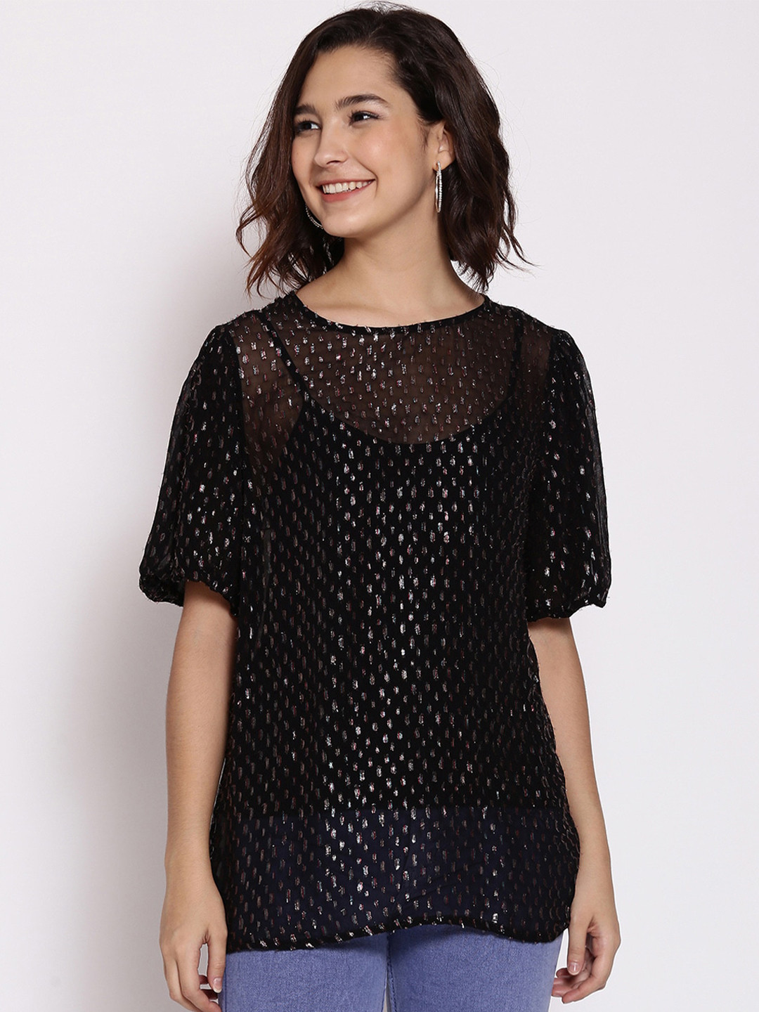 Oxolloxo Womens Black Embellished Semi Sheer Regular Top