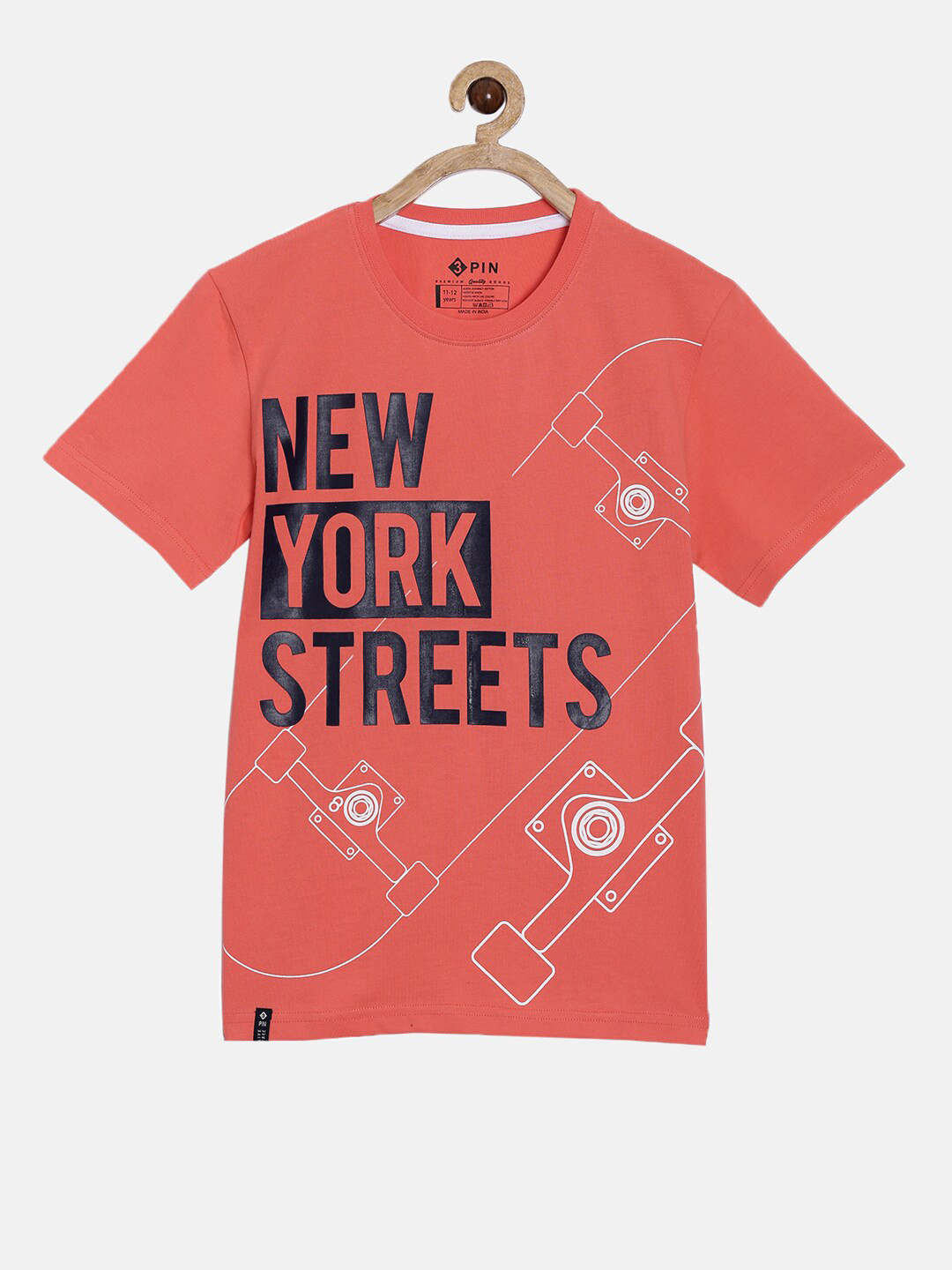 3PIN Boys Orange & Black Typography Printed T-shirt