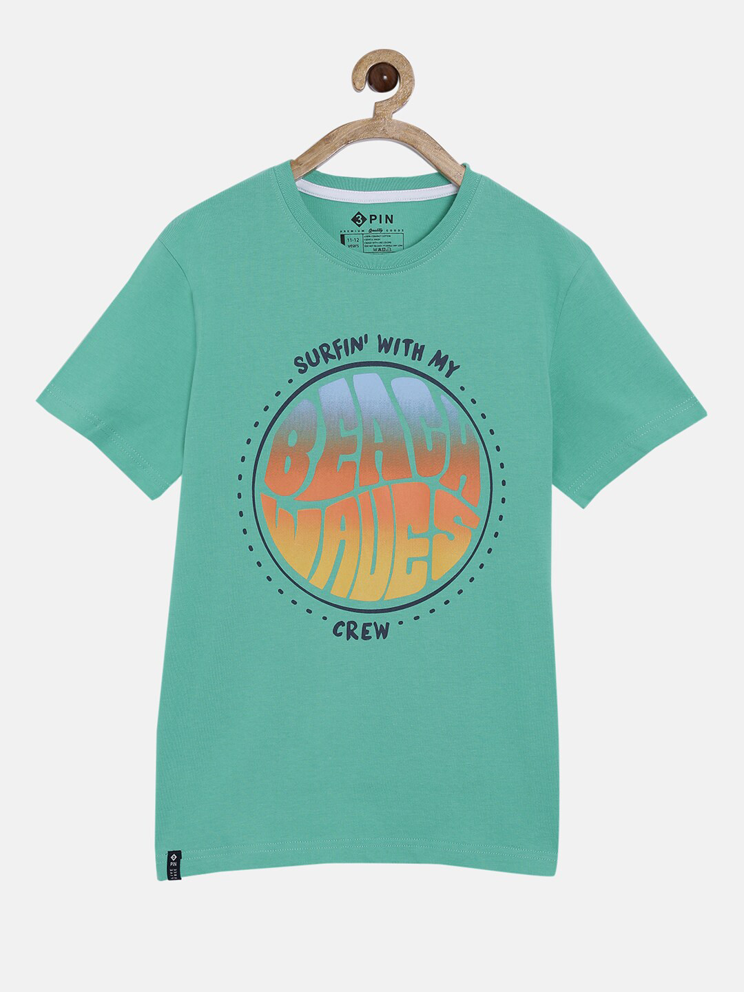 3PIN Boys Green and Orange Typography Printed T-shirt