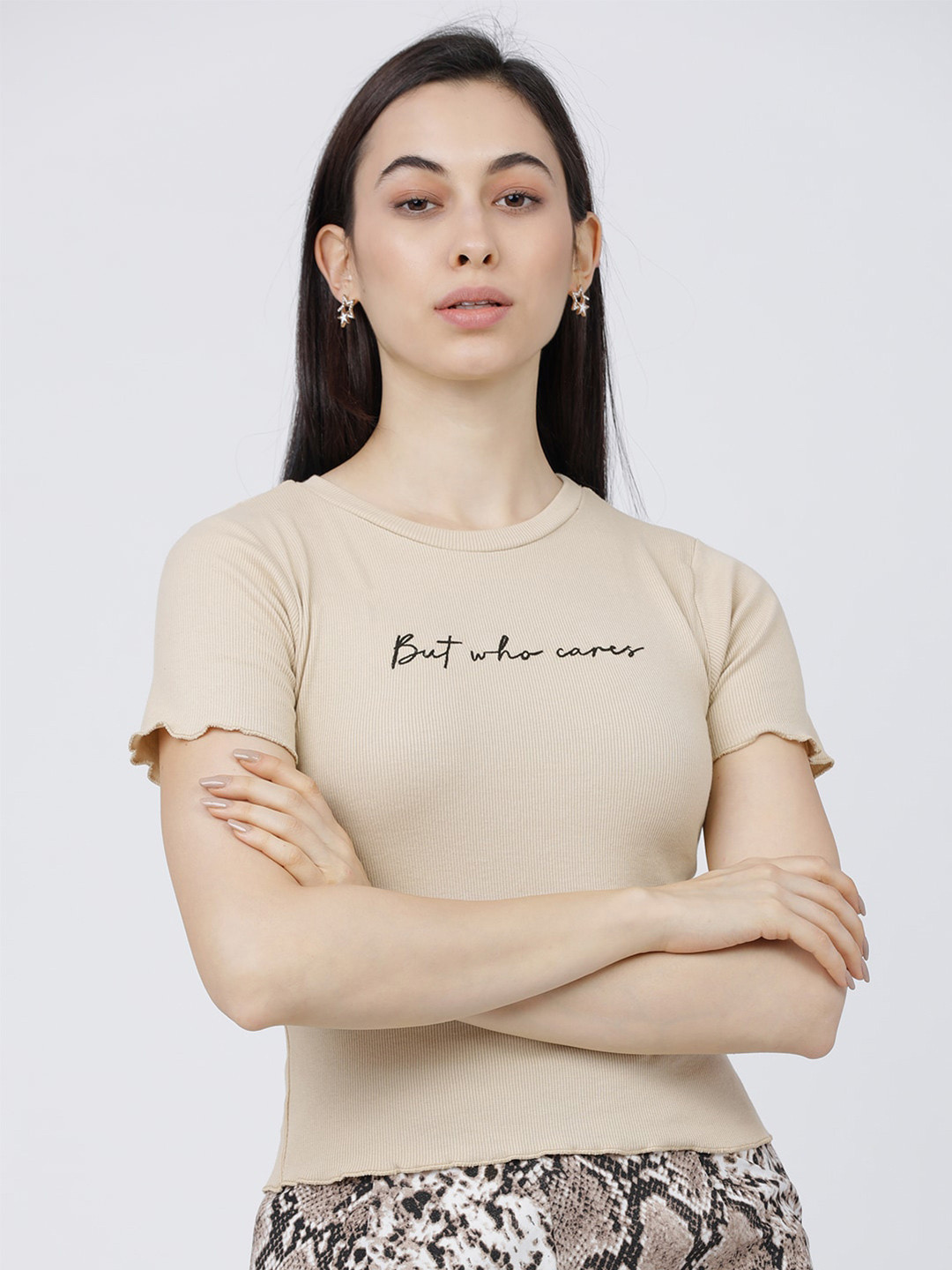 Tokyo Talkies Beige Printed Crop Top