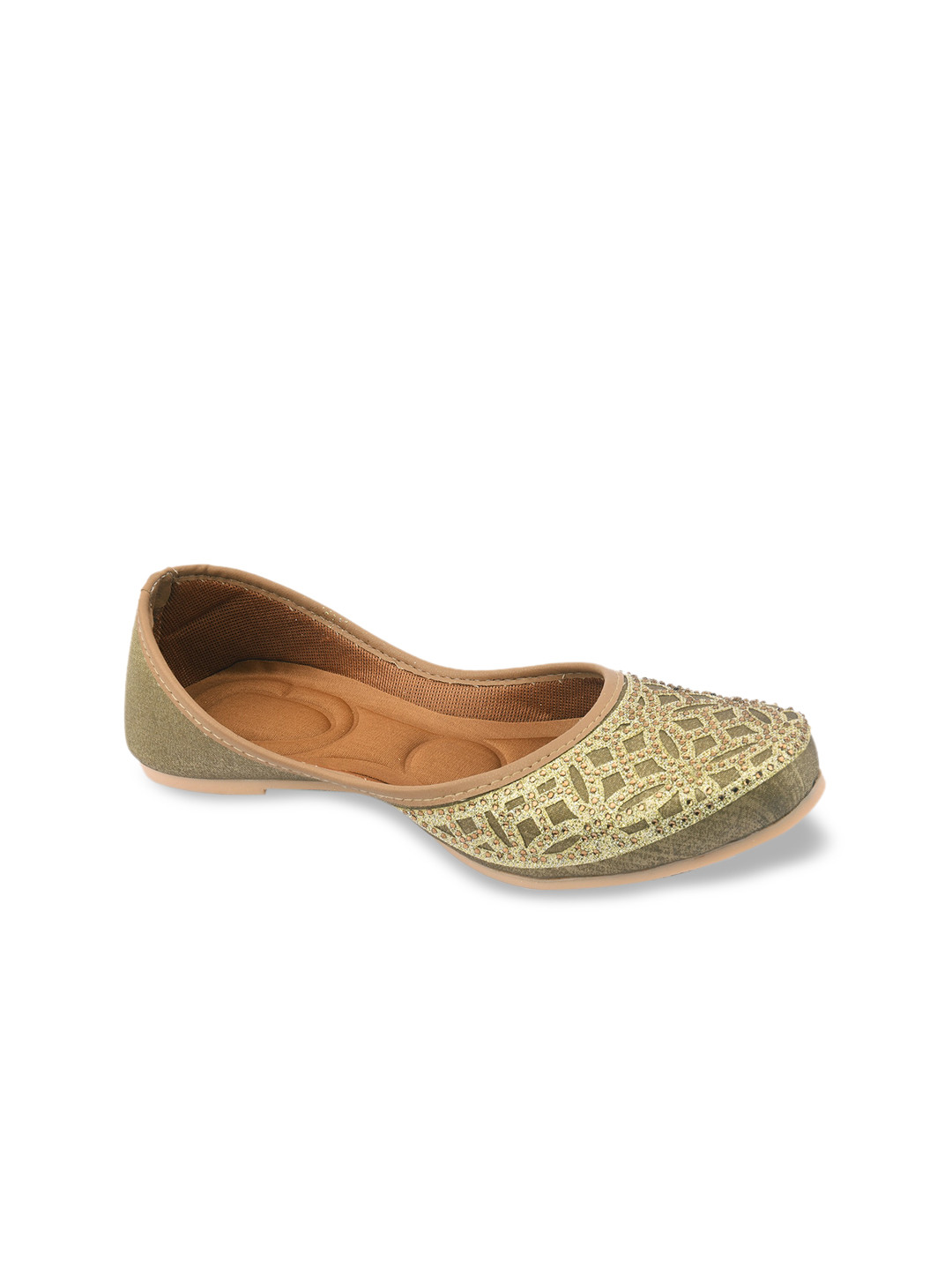 DESI COLOUR Women Olive Green Embellished Ethnic Mojaris Flats