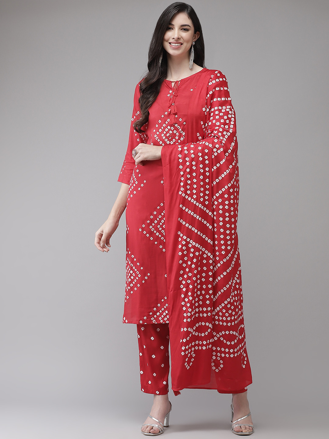 Ishin Women Maroon Bandhani Layered Kurti with Trousers & With Dupatta