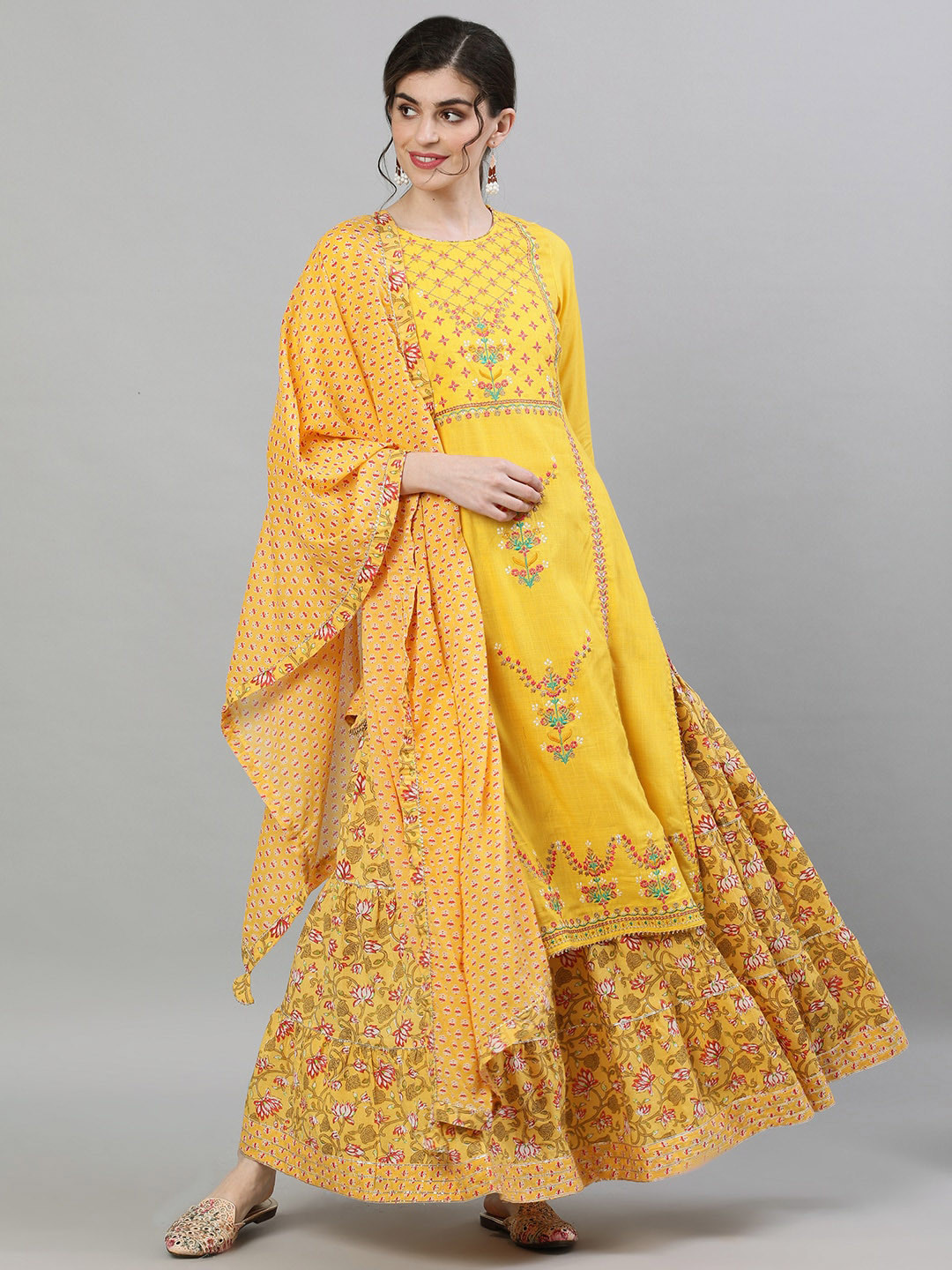 Ishin Women Yellow & Pink Floral Embroidered Kurta with Skirt & Dupatta