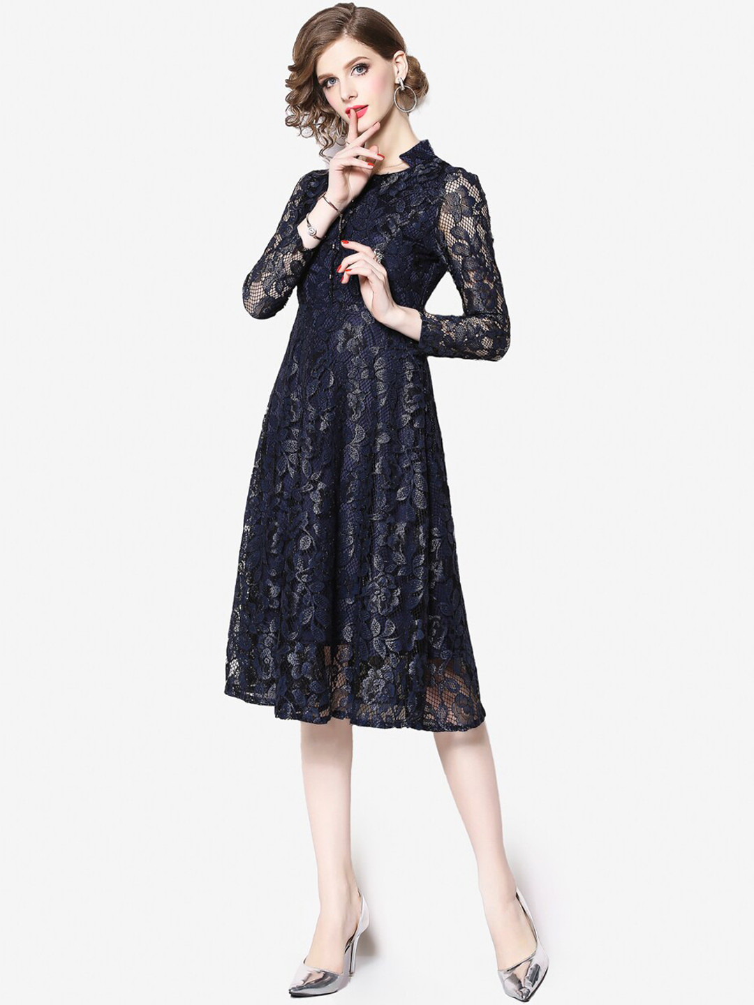 JC Collection Women Navy Blue Floral Self Designed Fit & Flare Dress
