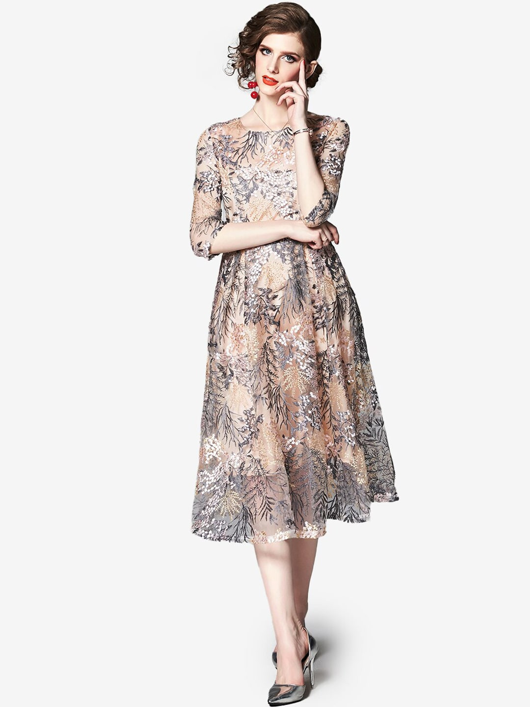 JC Collection Women Peach-Coloured & Black Embroidered Midi Dress