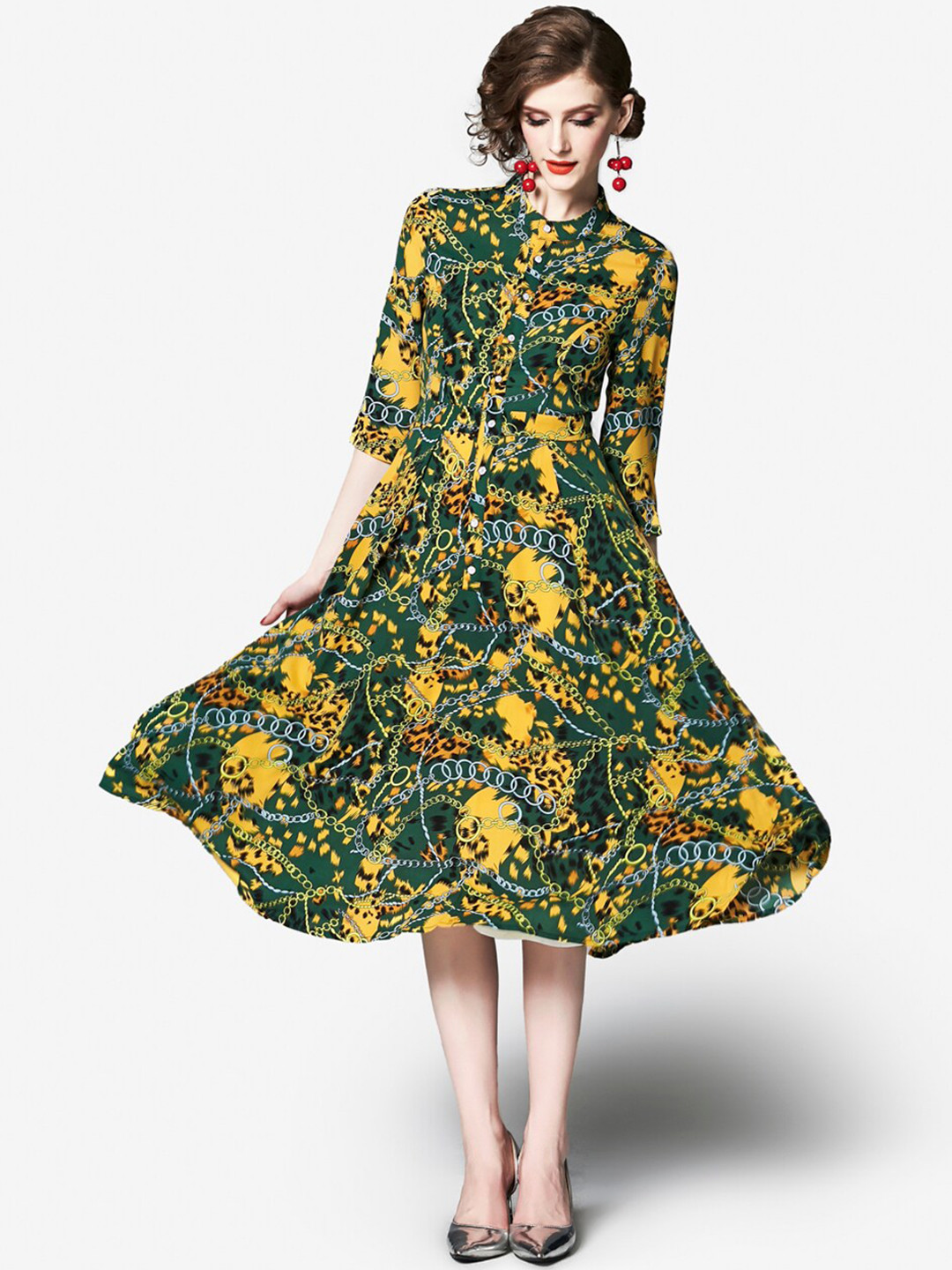 JC Collection Yellow & Green Printed Midi Dress
