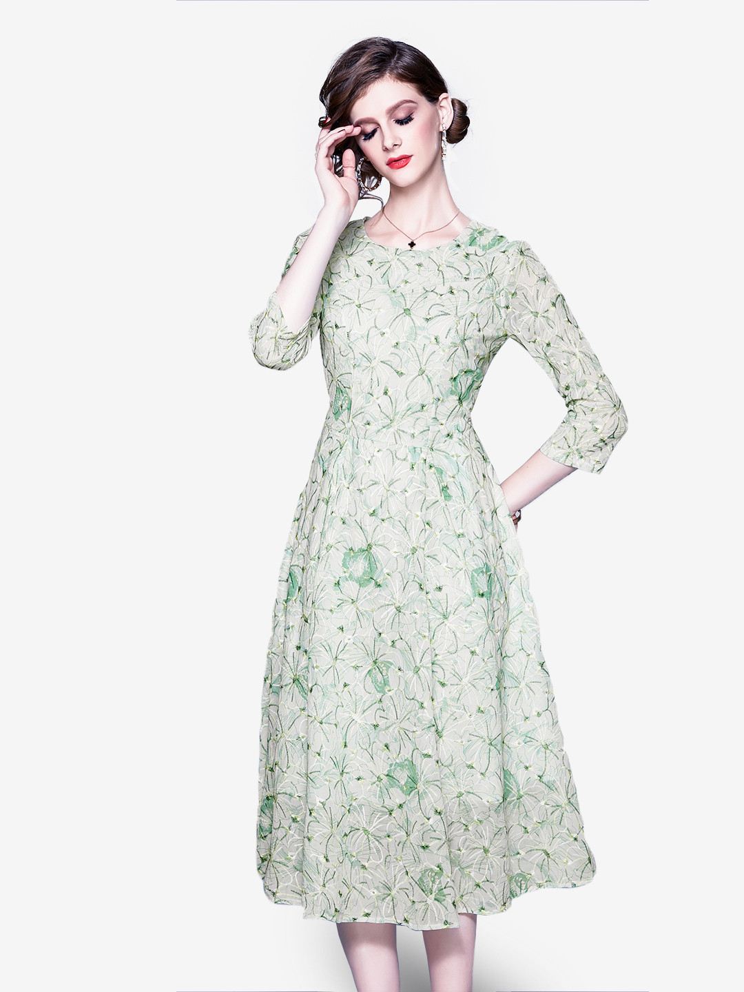 JC Collection Green & Yellow Floral Embroidered Midi Dress